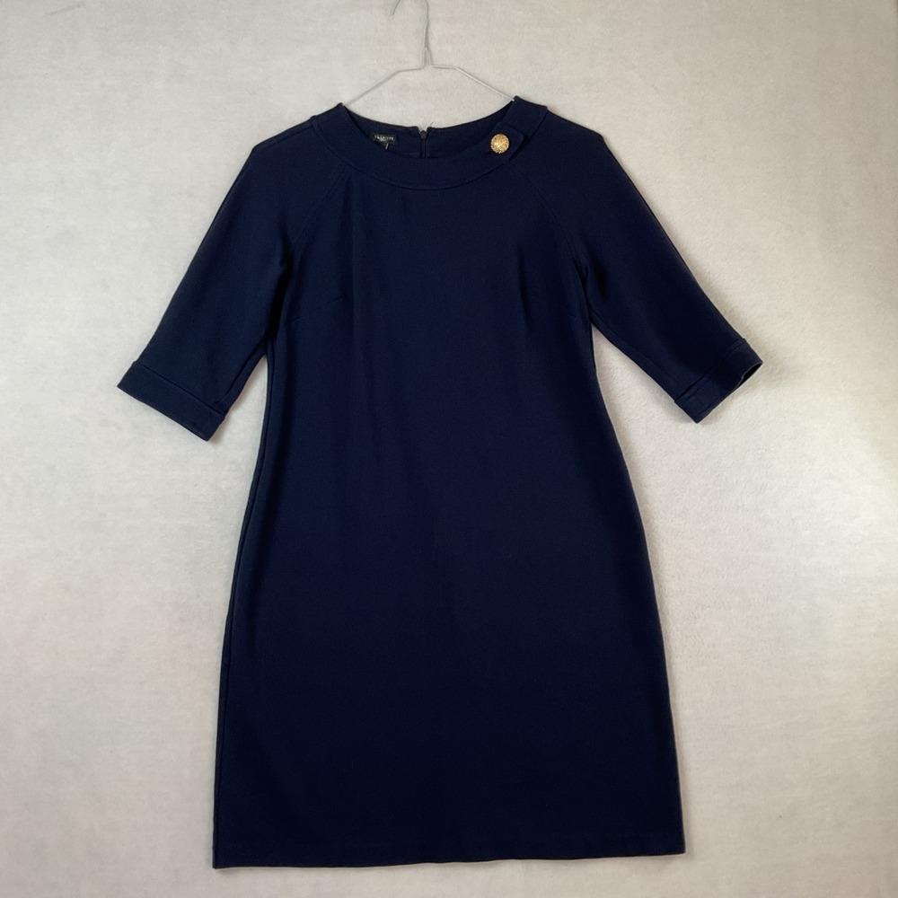 Talbots Petites Navy‎ Blue Ponte Knit Sheath Dress Gold Button Accent 10P